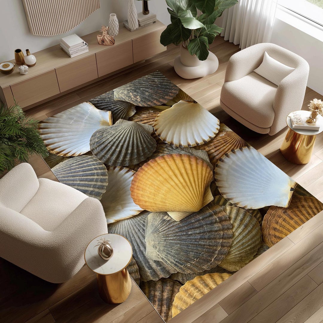Sea Shell Patern Rug Seashell Rug for Living Room, Coastal Beach Carpet, Ocean Shell Decor ...