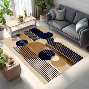 geometric rug,abstract rug,modern circle rug,navy gold rug,striped rug,art deco rug,minimalist rug,contemporary rug,modern design rug