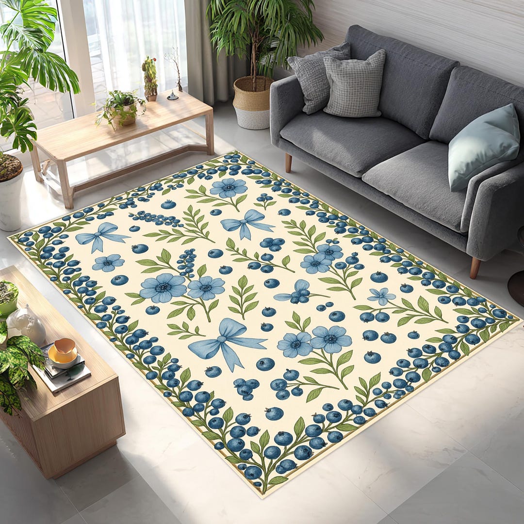 Blueberry Floral Velvet Rug: Cottagecore Botanical Accent Rug - Etsy