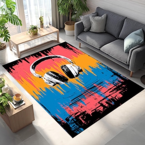 Graffiti Headphone Rug: Colorful Street Art Music Room Decor