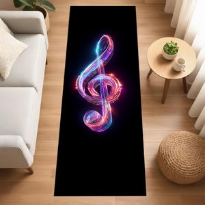 Neon Music Note Runner Rug,Glowing Treble Clef Rug,Digital Music Art Rug,Colorful Music Runner,Futuristic Neon Long Rug,Electro Music Rug