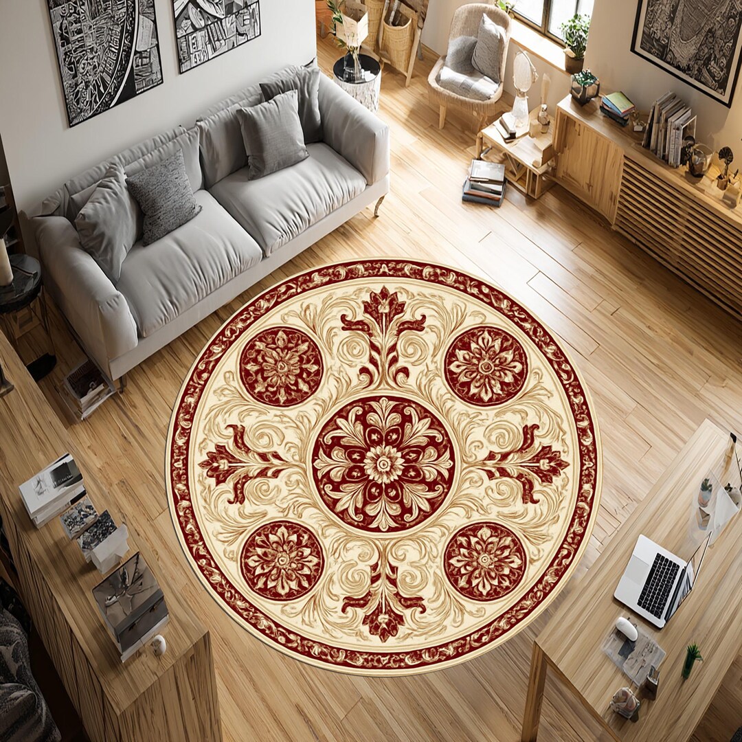 Turkish Round Rug: Red Cream Carpet, Elegant Floral Medallion Design ...