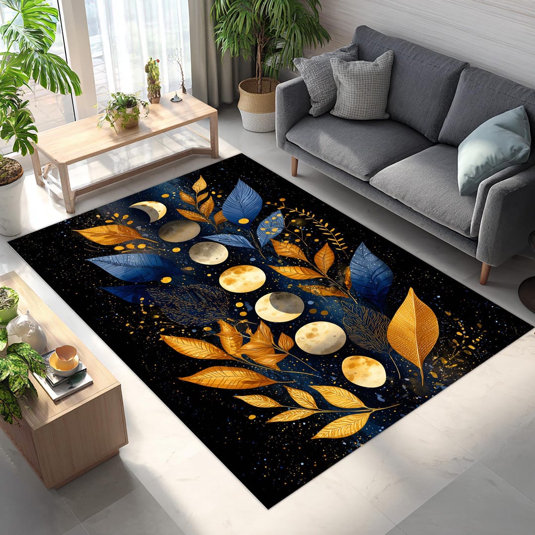 Moon Face Rug Golden Blue Moon Phase Rug: Celestial Boho Decor - Etsy