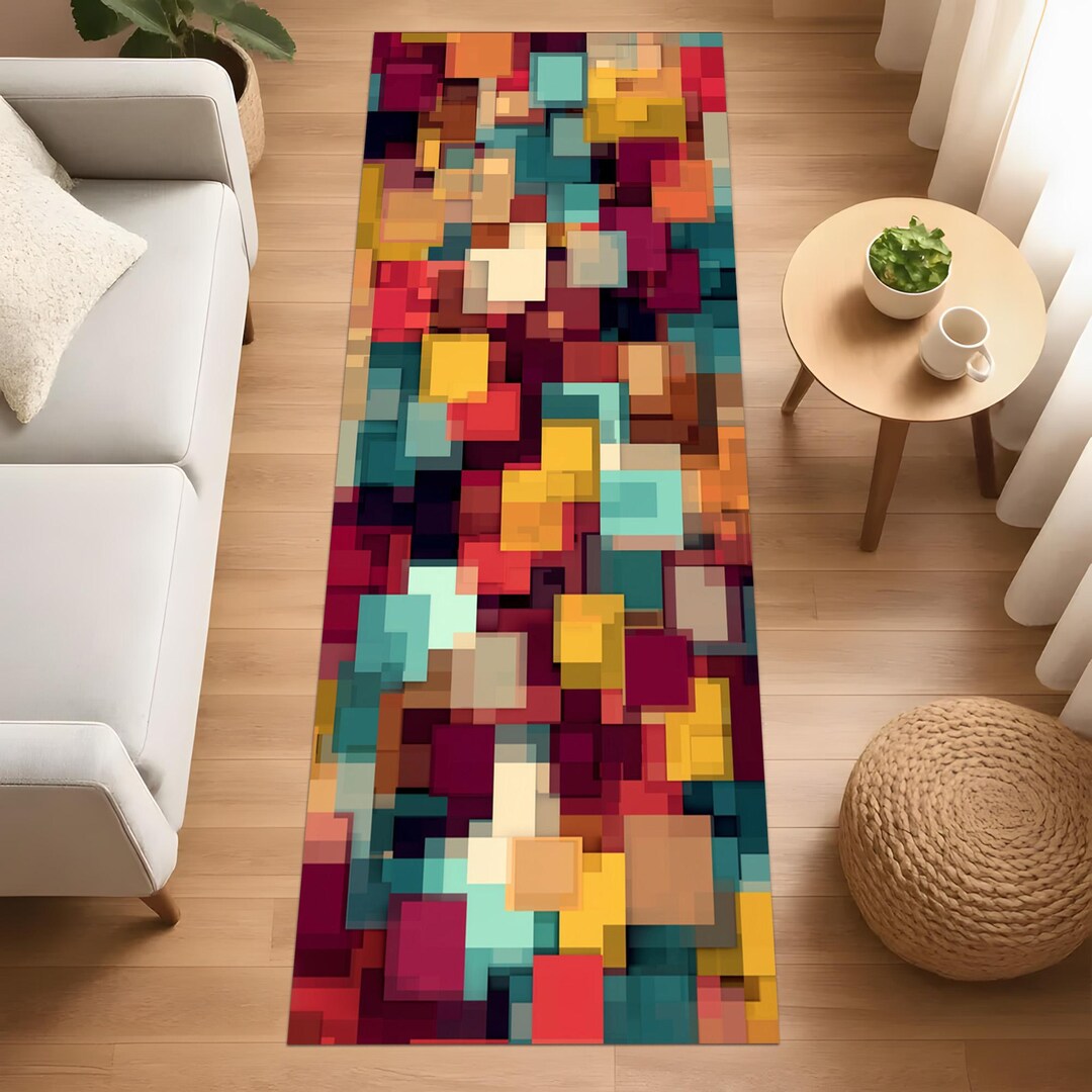 Colorful Pixel Art Runner Rug – Modern Abstract Geometric Hallway ...