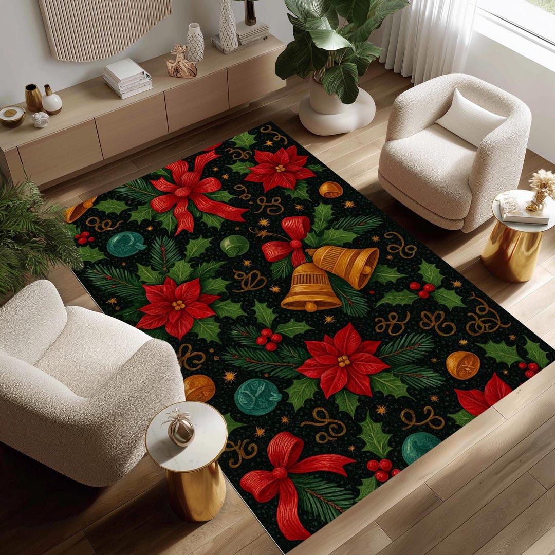 Christmas Rug: Bells, Poinsettia, Festive Holiday Decor - Etsy