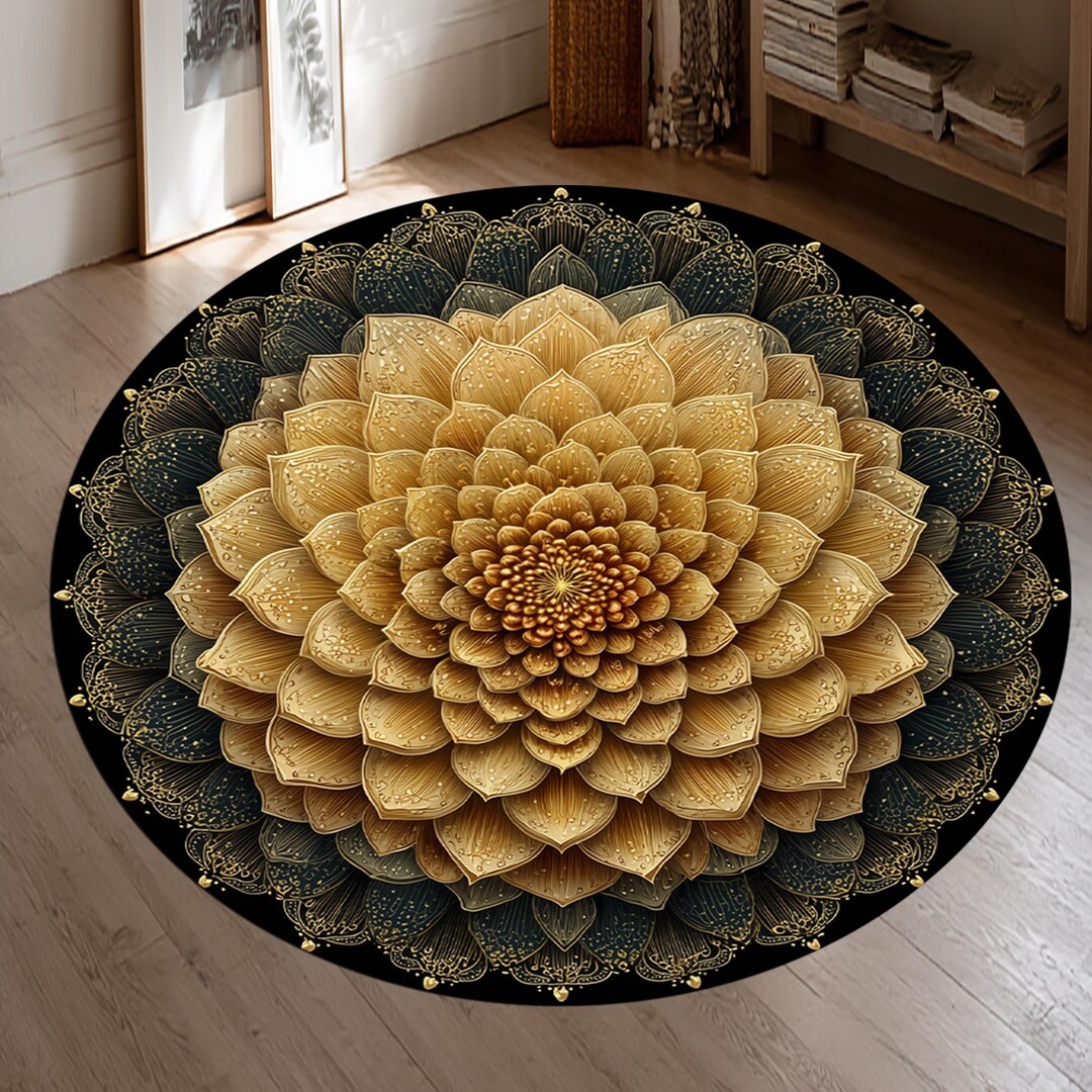 Deep Gold Throw Rug Mandala Gold Accent Rug: Black Circle Design, Washable Velvet (24 Inch ...
