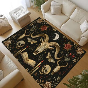 goat skull rug,occult goat rug,witchy skull rug,dark goat rug,skull candle rug,occult ritual rug,moon goat rug,gothic skull rug