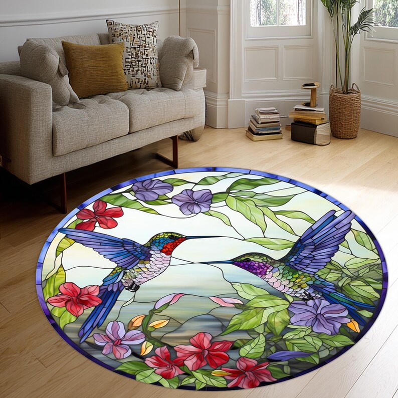 Round Hummingbird Rug Stained Glass Hummingbird Round Rug – Floral Nature Art Carpet - Etsy