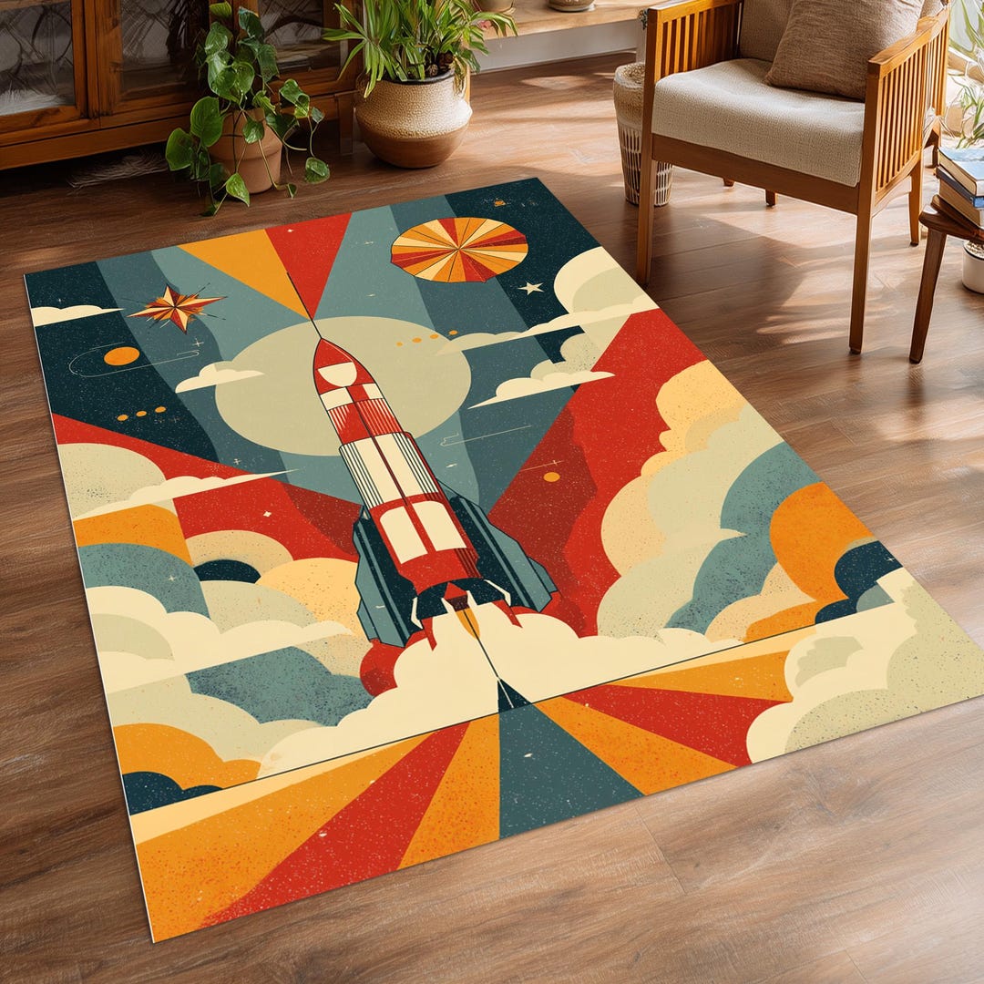 Rocket Circular Rug Retro Rocket Rug: Mid-century Modern Space Decor - Etsy