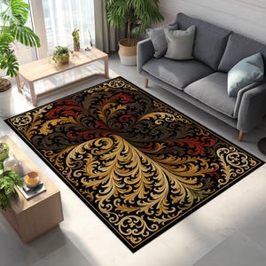 baroque rug,ornate rug,floral rug,scroll rug,elegant rug,classic rug,black gold rug,luxury rug,decorative rug,red gold rug,gothic rug