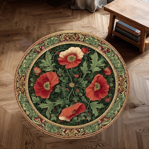 Roter Mohnblumen-Rundteppich: Vintage Botanisches Mandala-Design