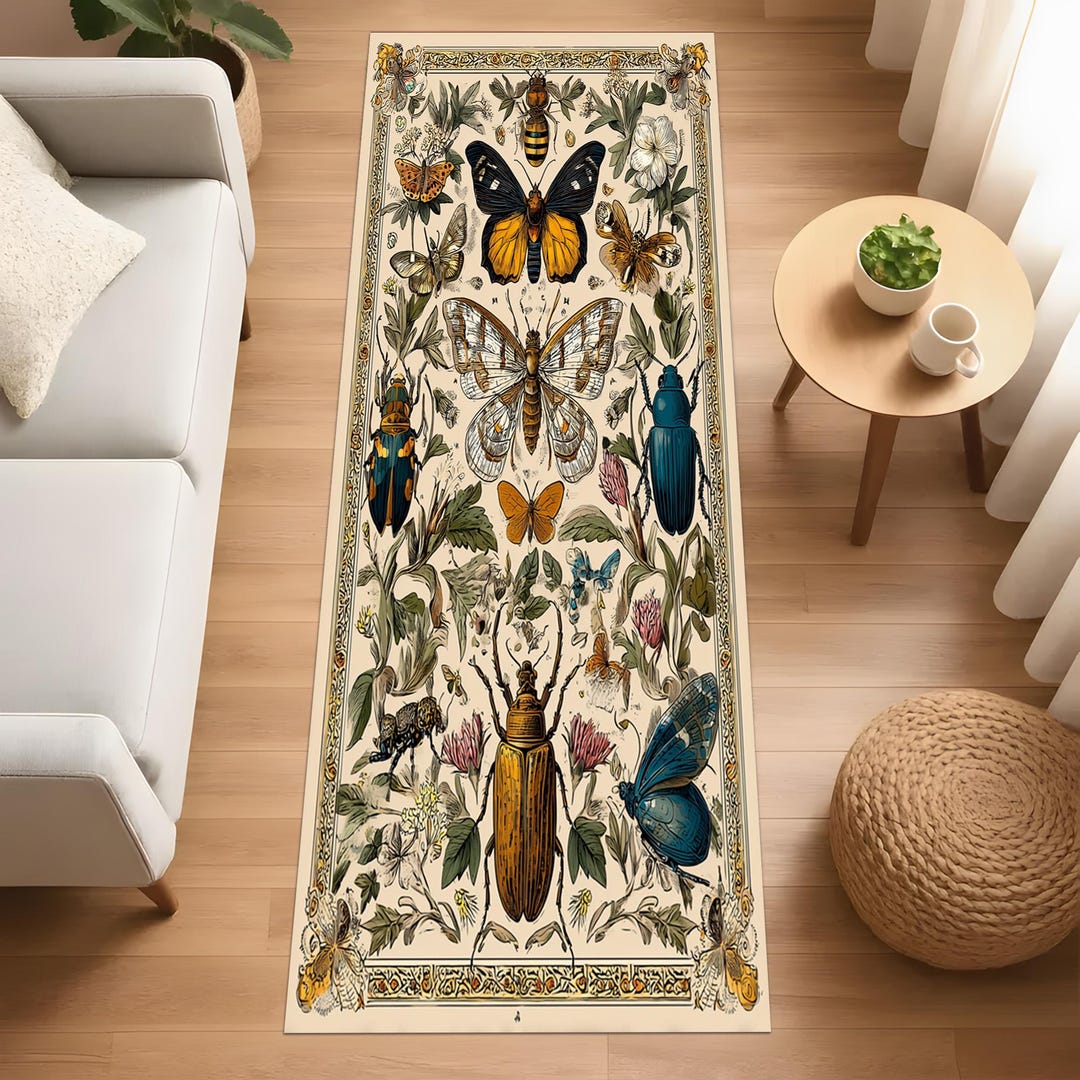 Vintage Insect Botanical Rug: Artistic Entomology Illustration Carpet ...