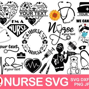 May include: A collection of 30 nurse-themed SVG designs in black and white, including stethoscopes, hearts, and text elements like "Nurse," "We Can Do It," and "#nurselife." The designs are suitable for various crafting projects.
