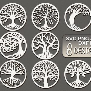 May include: Eight white tree of life designs in circular frames. The designs vary in style, with intricate details in the branches and roots. The image includes text that reads "SVG PNG JPG DXF EPS 8 DESIGNS."