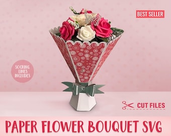 3D Paper Flower Bouquet SVG, Rolled Roses Bouquet Vase Gift Box SVG, Valentines Day, Mothers Day, Instant Download Cut Files Cricut Template
