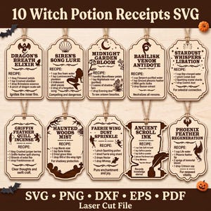 May include: Ten light-colored wooden tags featuring laser-engraved text and illustrations of witch potion recipes. Each tag includes a unique title, a list of ingredients, and a short description, all suspended by twine loops for a decorative display.
