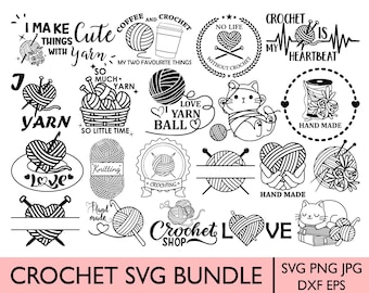 May include: A collection of black and white crochet-themed SVG designs. The designs include yarn balls, crochet hooks, and text such as "I make things with yarn," "Crochet is my heartbeat," and "Crochet Shop." The bottom of the image reads "CROCHET SVG BUNDLE."