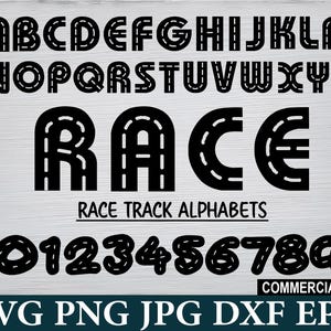 Racerbana Svg, Racerbokstäver, Vägnummer, Racerbanan Alfabet, Födelsedagsbilens Bannummer, Racerbanan Typsnitt, Klippfil för Cricut, Silhuett