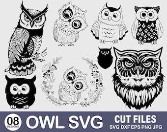 Pakiet SVG z Sową, Sowa w lesie SVG, Dzikie zwierzę SVG, Sowa i księżyc SVG, Scena leśna SVG, Sowa z kwiatami Sowa SVG, Pliki SVG z głową sowy.