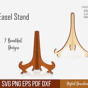 Könnte beinhalten: Zwei hölzerne Staffeleiständer in verschiedenen Designs. Einer ist dunkelbraun, der andere hellbraun. Der Text "Easel Stand" und "2 Beautiful Designs" sind abgebildet. Der Text "SVG PNG EPS PDF DXF" und "Digital Download" sind ebenfalls abgebildet. Dicke: 03mm, 3,2mm, 04mm.