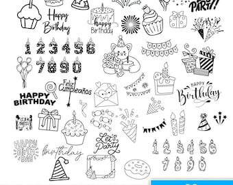 May include: A collection of black and white birthday-themed doodles. The image includes cupcakes, cakes, party hats, balloons, confetti, gift boxes, and the words "Happy Birthday" and "Let's Party". The bottom of the image reads "Birthday Doodles" and "60 Designs".
