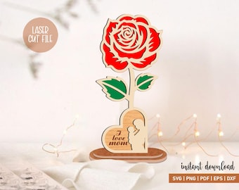 Archivo cortado con láser: Regalo de flores para el Día de la Madre (Svg), Regalos para mamá, Rosa de madera con nombre (Svg), Ramo de rosas (Svg), Te amo (Svg), Cariño (Svg), Glowforge