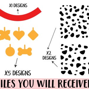 Könnte beinhalten: Ein Bild mit dem Text "XI DESIGNS", "X2 DESIGNS" und "X5 DESIGNS". Das Bild zeigt eine rote gebogene Form, verschiedene orangefarbene Formen und zwei Muster schwarzer Punkte. Der Text "FILES YOU WILL RECEIVED" steht unten.