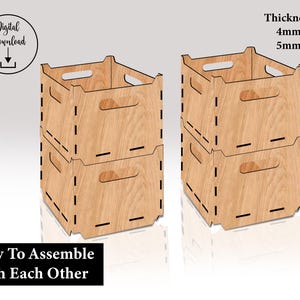 Puede incluir: Dos pilas de cajas de almacenamiento de madera con recortes para asas. Las cajas son de color marrón claro con un patrón de vetas de madera. El texto de la imagen dice "Descarga digital", "Grosor 4mm 5mm" y "Fácil de montar entre sí".