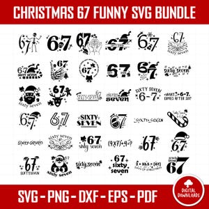 Könnte beinhalten: Eine Sammlung von schwarz-weißen SVG-Designs zum Thema Weihnachten mit der Zahl 67 und den Worten "sechsundsechzig sieben". Die Designs umfassen verschiedene Illustrationen wie ein Skelett, den Weihnachtsmann und Schneeflocken. Das Bild enthält auch Dateitypinformationen.