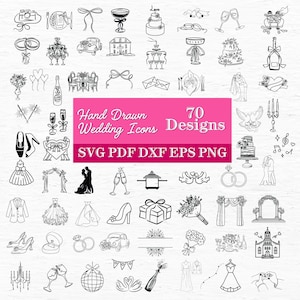 May include: Black and white hand-drawn wedding icons. The image includes 70 designs of wedding-related elements, such as wedding cakes, champagne glasses, wedding rings, and wedding dresses. The image also includes the text "Hand Drawn Wedding Icons 70 Designs" and file type options.