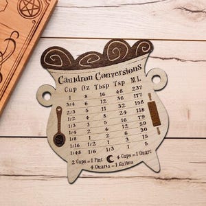 May include: A wooden cauldron-shaped kitchen conversion chart with the text "Cauldron Conversions". The chart includes measurements for cups, ounces, tablespoons, teaspoons, and milliliters. A wooden spoon and rolling pin are illustrated on the chart.