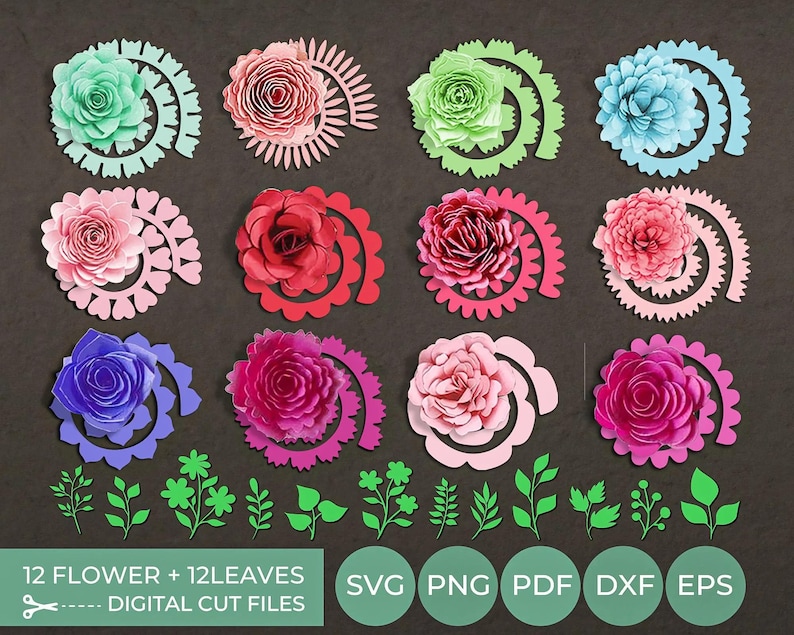 May include: A collection of colorful paper flower and leaf cut files. The image shows 12 flowers in various colors, including green, pink, red, blue, and purple, with matching leaves. The text reads "12 Flower + 12 Leaves - Digital Cut Files" and includes file type icons.