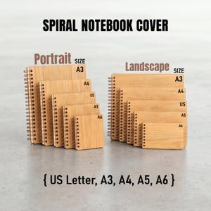 Könnte beinhalten: Eine Sammlung von hölzernen Spiralnotizbuch-Einbänden in Hoch- und Querformat. Die Beschriftungen zeigen die Größen A3, A4, US, A5 und A6. Der Titel lautet SPIRAL NOTEBOOK COVER und der untere Text listet { US Letter, A3, A4, A5, A6 } auf.