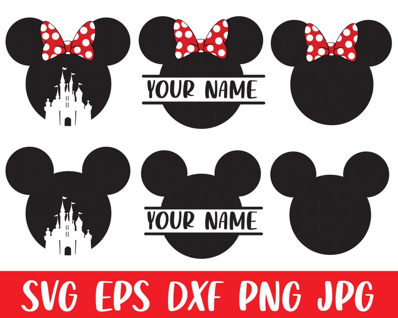 May include: Black Mickey Mouse head designs with red and white polka dot bows, castle silhouettes, and text that reads "YOUR NAME". The bottom of the image has the text "SVG EPS DXF PNG JPG" in white on a red background.