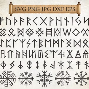 Puede incluir: Una colección de símbolos rúnicos negros y diseños geométricos sobre un fondo claro. La imagen incluye el texto "SVG PNG JPG DXF EPS" en la parte superior. Los símbolos están dispuestos en filas y columnas, con varias formas y patrones.