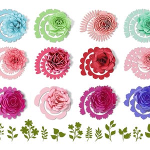 May include: An assortment of colorful paper flowers in shades of blue, green, pink, red, and purple. Each flower is a spiral design with a detailed center. Green leaf cutouts are also included.