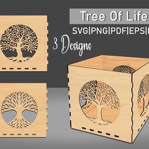 May include: Wooden box with a laser-cut Tree of Life design. The box has a square shape with the tree design on multiple sides. The image also shows the text "Tree Of Life" and "3 Designs".