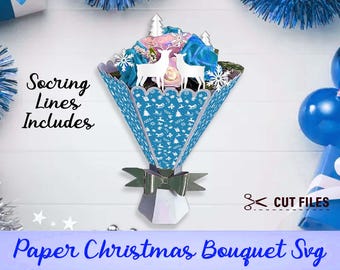 Bouquet of Paper Flowers SVG, Paper Flower Bouquet with Cut Lines Vase for Paper Flowers Valentine's Present, Christmas Digital Download.