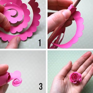 May include: A step-by-step guide to crafting a paper flower. The images show the process of rolling and shaping pink paper into a rose. The final image displays the completed paper rose in a hand.