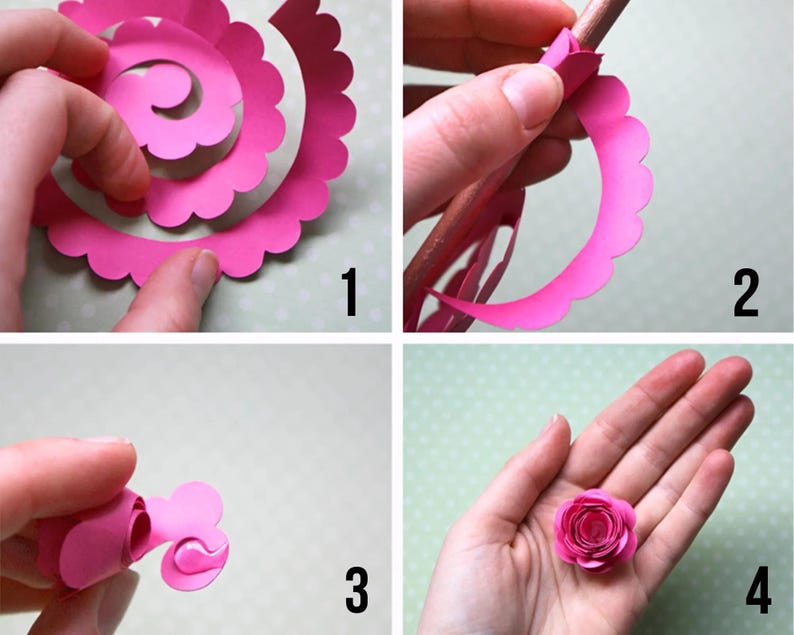 May include: A step-by-step guide to crafting a paper flower. The images show the process of rolling and shaping pink paper into a rose. The final image displays the completed paper rose in a hand.