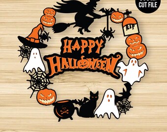 Halloween Decoration Wreath Svg, Interchangeable Spooky Door Wreath, Layered Pumpkin, Ghost Spider Web, 3D Mandala SVG, Paper Craft File.