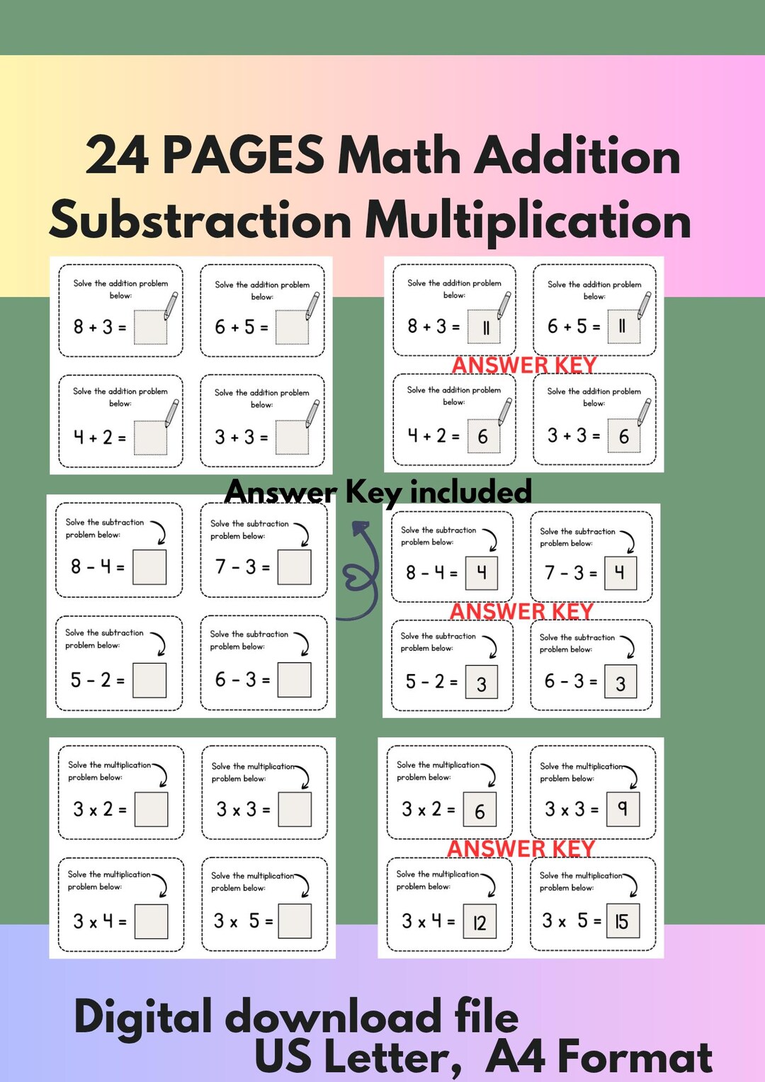 Math Worksheets Bundle 24 Pages | Addition Subtraction Multiplication ...