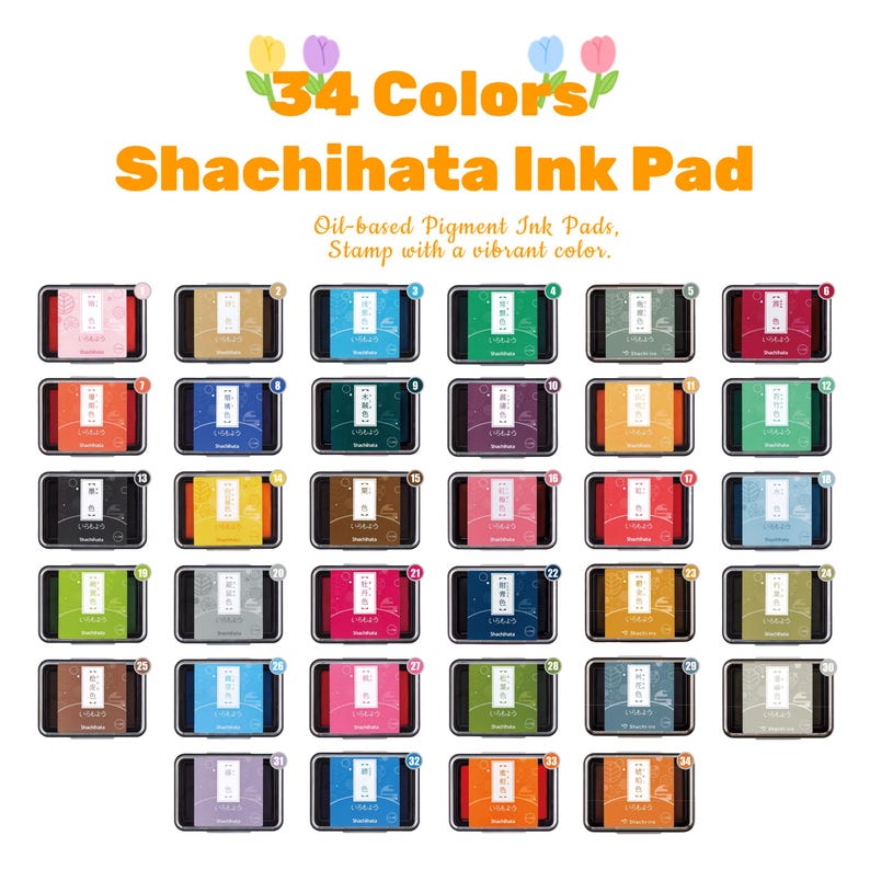 May include: A grid of 34 Shachihata ink pads in various colors. Each pad is rectangular with a black frame and a colored ink surface. The image includes text that reads "34 Colors" and "Shachihata Ink Pad."