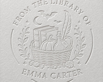 Custom Halloween Ex Libris Embosser, From The Library Of Embosser, Witchy Book Basket Embosser, Personalized Embosser, Book Lover Gift