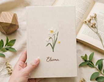 Hand Embroidered Birth Flower A5 Notebook, Personalized Floral Journal with Name, Fabric Book Cover