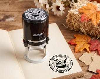 Personalized Halloween Library Stamp ,Pumpkin Ghost Witch Bat Skull Design, Self-Inking Stamp, Book Lover Gift,  Spooky Halloween Stamp