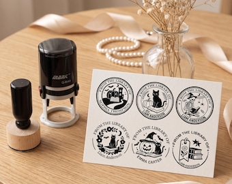 Halloween Fall Self Inking Stamp, From The Library Of Ex Libris Stamp, Personalized Library Mark, Spooky Pumpkin Ghost Cat, Book Lover Gift