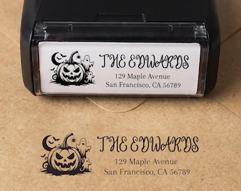 Custom Halloween Return Address Rubber Stamp | Cat and Jack‑O‑Lantern Spooky Stamp for Halloween Party Invitations & Spooky Mail