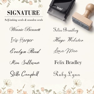May include: A black self-inking stamp and a wooden handle stamp displayed above a list of names including Winnie Bennett, Iris Harper, Evelyn Reed, Mia Sullivan, Stella Campbell, Felix Bradley, Hugo Webster, Luna Mae, and Ruby Lynn with floral accents.