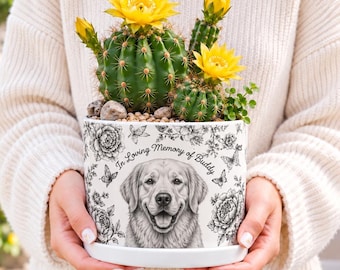Personalized Toile de Jouy Dog Memorial Ceramic Plant Pot, Custom Pet Portrait Planter, Pet Loss Sympathy Gift, Dog Remembrance Planter